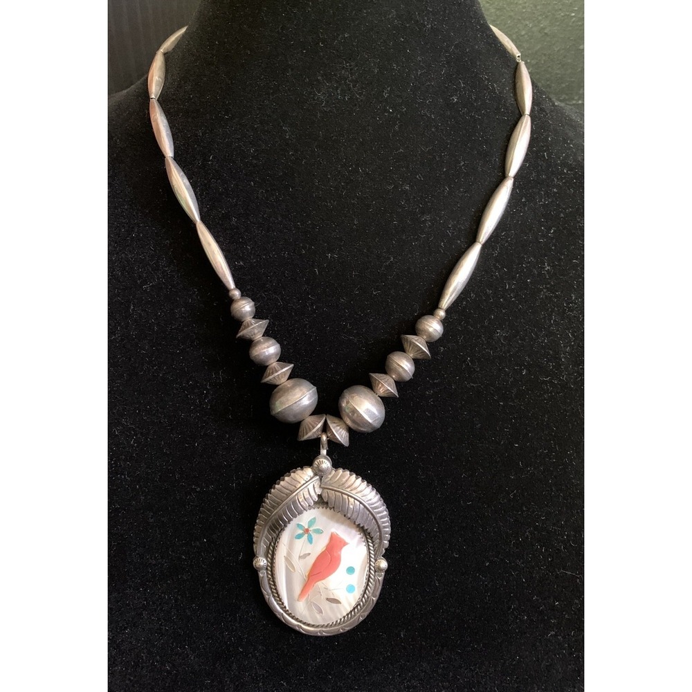 VTG '50 Navajo Squash Blossom Beads Necklace Inlay 19" SIGNED MARCELINA VALENCIA